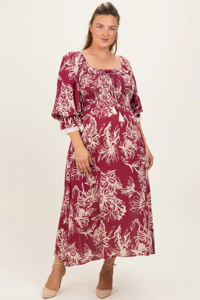 PinkBlush Burgundy Floral Smocked 3/4 Sleeve Maternity Plus Midi Dress