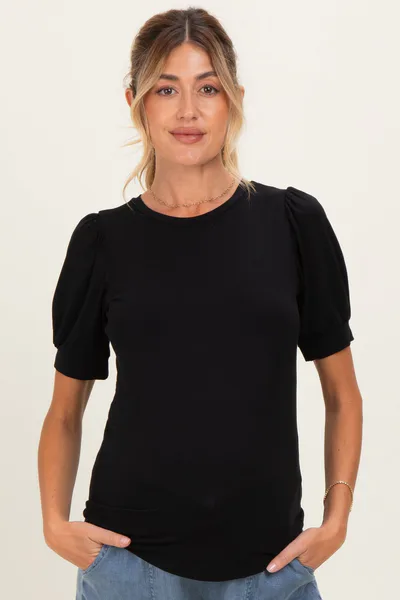 PinkBlush Black Puff Sleeve Basic Maternity Top