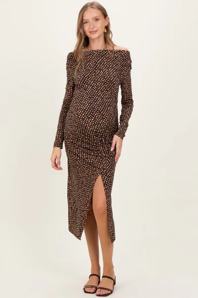 PinkBlush Brown Printed Ruched Side Slit Maternity Midi Dress