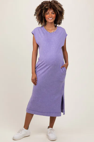 PinkBlush Lavender Casual Sleeveless Pocketed Maternity Midi Dress