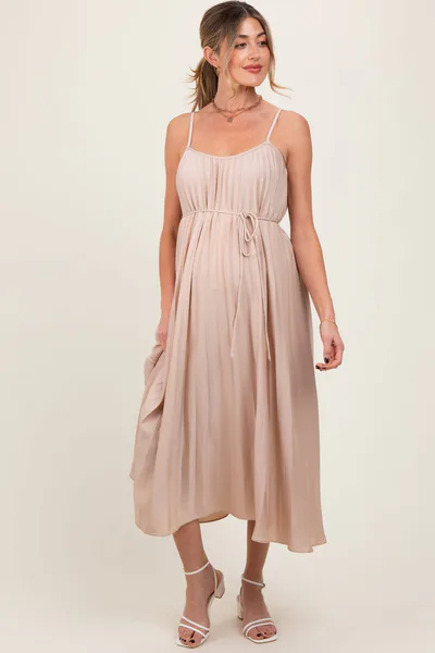 PinkBlush Beige Pleated Sash Tie Maternity Midi Dress