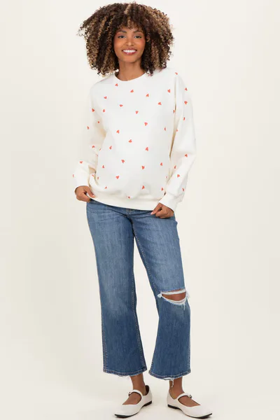 PinkBlush Cream Crew Neck Heart Print Maternity Sweatshirt