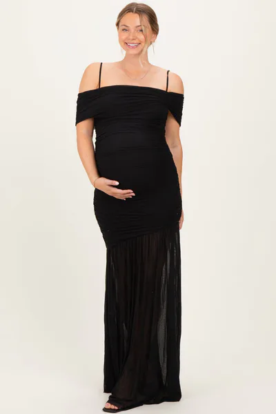 PinkBlush Black Ruched Mesh Off Shoulder Maternity Maxi Dress