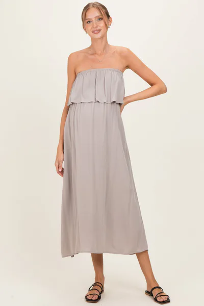 PinkBlush Ash Mocha Woven Crinkle Flounce Strapless Maternity Maxi Dress