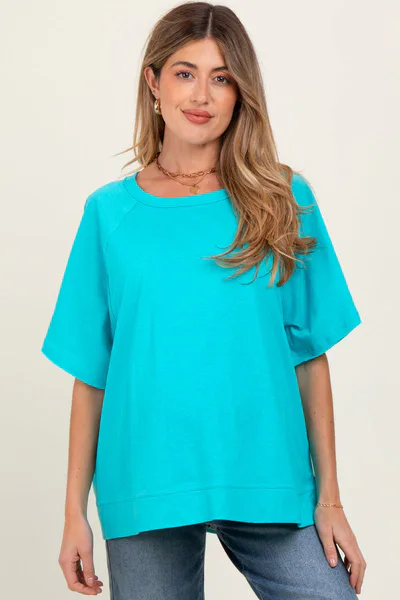 PinkBlush Turquoise Oversized Raw Hem Short Sleeve Maternity Tee
