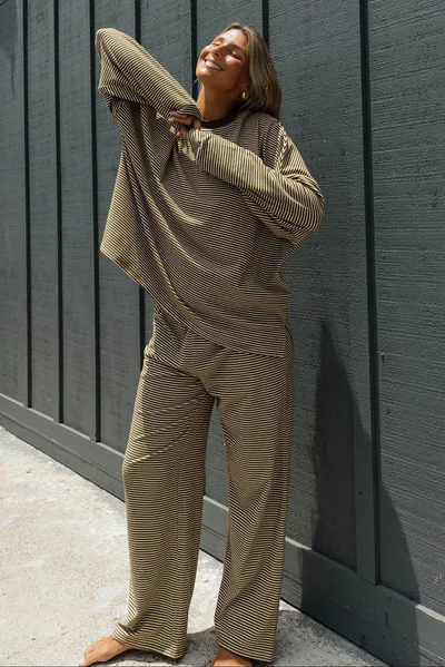 Worth Collective Naomi Striped Fleece Oversized Long Sleeve Top in Olive Stripe - Bump Friendly