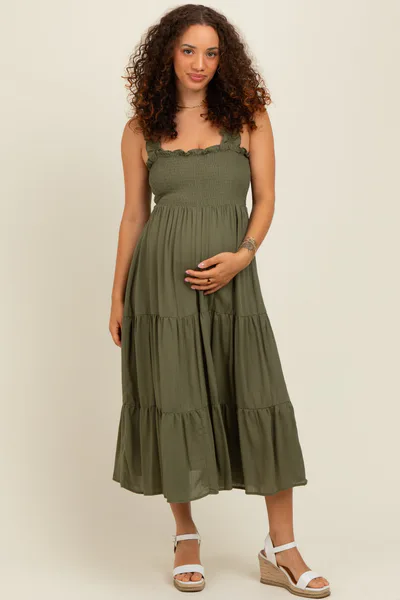 PinkBlush Olive Smocked Ruffle Strap Tiered Maternity Midi Dress