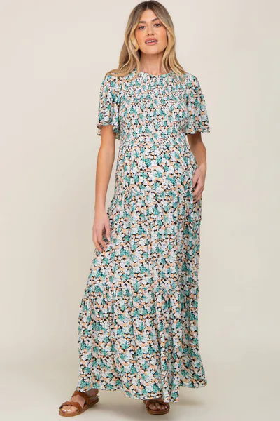 PinkBlush Green Floral Smocked Tiered Maternity Maxi Dress