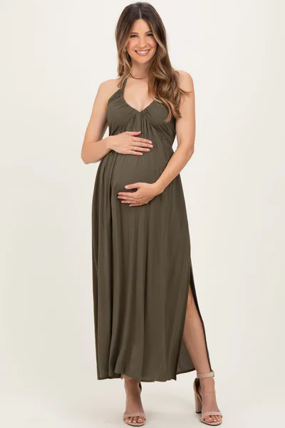 PinkBlush Olive Halter Neck Side Slit Maternity Midi Dress