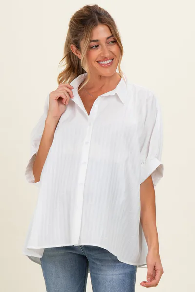 PinkBlush White Button Down Textured Stripe Oversized Maternity Shirt