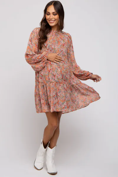PinkBlush Grey Floral Chiffon Ruffle Mock Neck Tiered Maternity Dress
