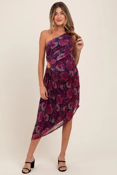 PinkBlush Magenta Floral One Shoulder Asymmetrical Maternity Midi Dress