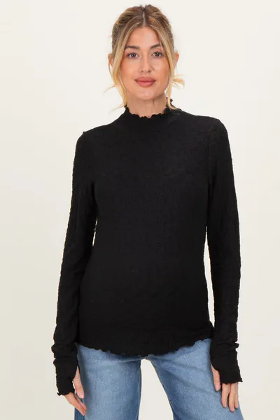 PinkBlush Black Thumbhole Sleeves Mock Neck Lace Maternity Top