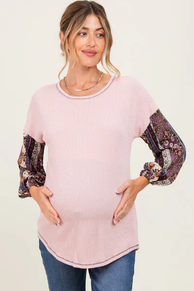 PinkBlush Light Pink Floral Ribbed Knit Colorblock Maternity Long Sleeve Top