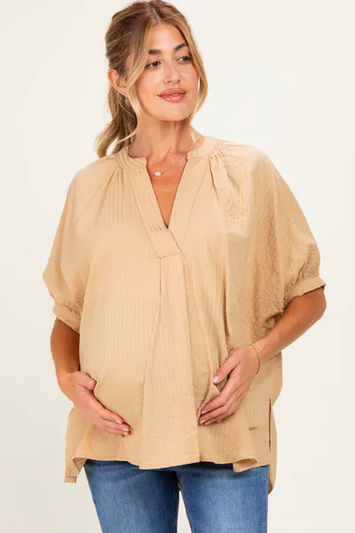 PinkBlush Taupe Textured Stripe Oversized Maternity Blouse