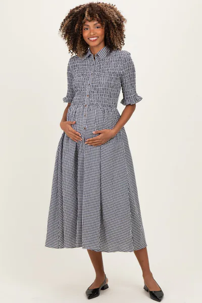 PinkBlush Black Gingham Smocked Button Down Maternity Midi Dress