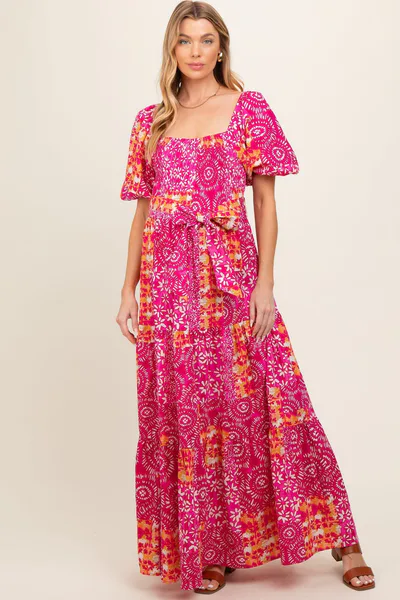PinkBlush Fuchsia Floral Smocked Short Puff Sleeve Tiered Maternity Maxi Dress
