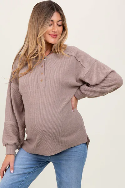 PinkBlush Beige Oversized Ribbed Knit Henley Maternity Sweater