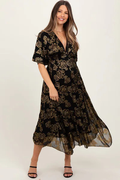 PinkBlush Black Metallic Floral Jacquard Overlay Maternity Maxi Dress