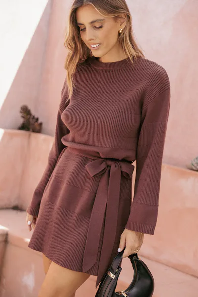 Petal & Pup Lucca Mini Sweater Dress - Chocolate Brown