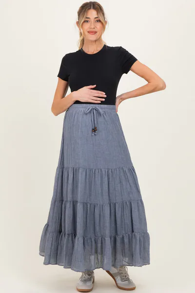PinkBlush Denim Blue Tiered Drawstring Maternity Maxi Skirt