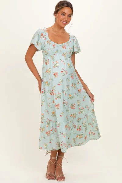 PinkBlush Sage Floral Flutter Sleeve Smocked Maternity Midi Dress
