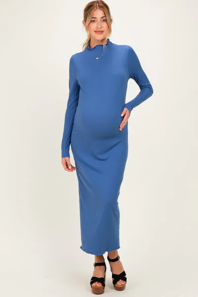 PinkBlush Navy Ruffle Mock Neck Long Sleeve Maternity Midi Dress