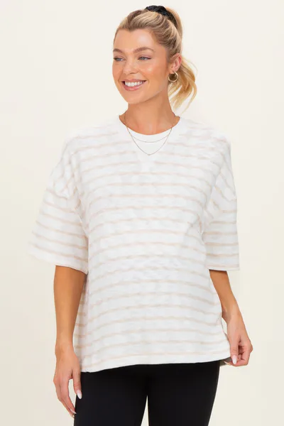 PinkBlush Beige Oversized Striped Maternity Short Sleeve Top