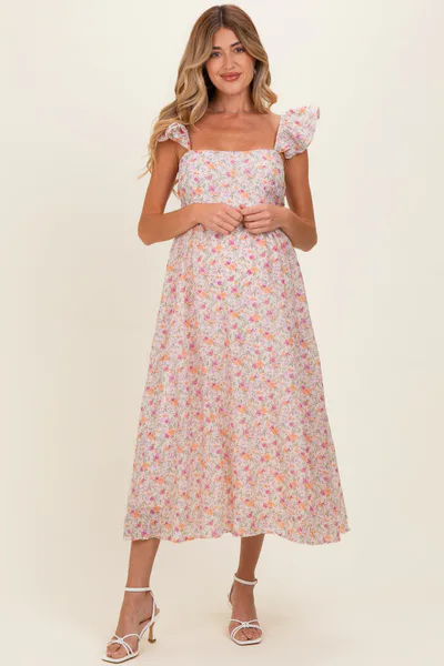 PinkBlush Blush Floral Ruffle Strap Maternity Midi Dress