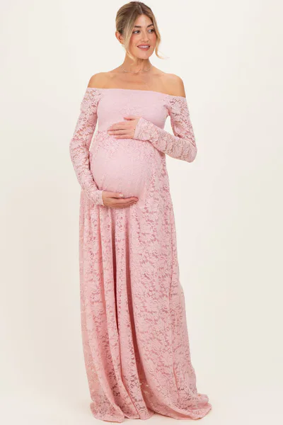 PinkBlush Light Pink Floral Lace Long Sleeve Off Shoulder Maternity Maxi Dress