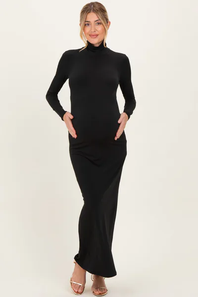 PinkBlush Black Turtleneck Long Sleeve Maternity Maxi Dress