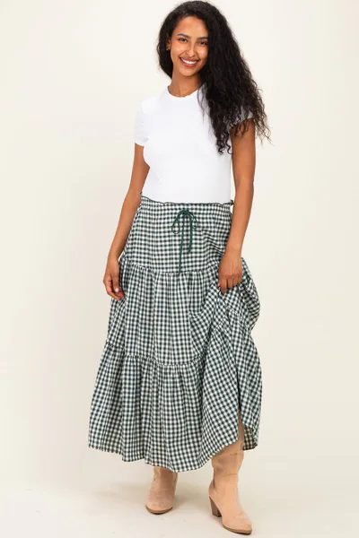 PinkBlush Olive Gingham Tiered Maternity Maxi Skirt
