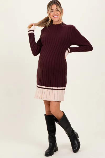 PinkBlush Burgundy Ribbed Contrast Hem Maternity Sweater Dress