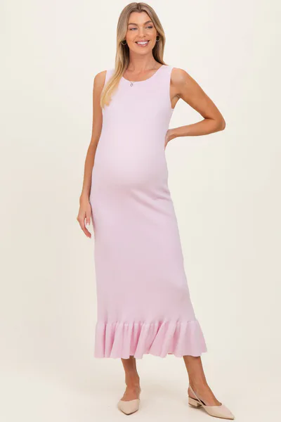 PinkBlush Light Pink Ribbed Knit Sleeveless Ruffle Hem Maternity Maxi Dress