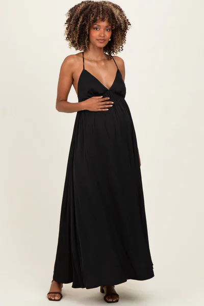 PinkBlush Black V-Neck Open Back Maternity Maxi Dress