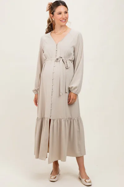 PinkBlush Beige Elegant Long Sleeve Waist Tie Maternity Midi Dress