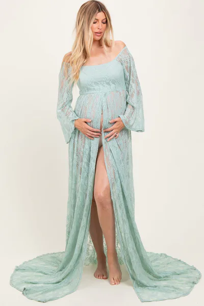 PinkBlush Mint Lace Long Sleeve Off Shoulder Slit Draped Maternity Photoshoot Dress