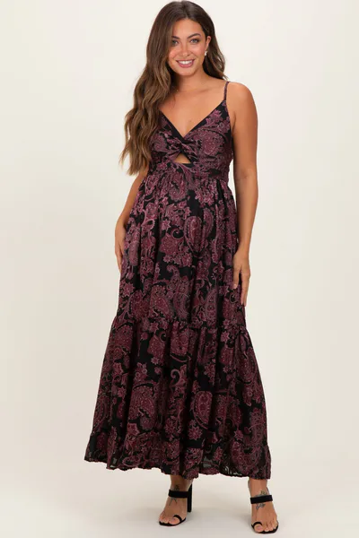 PinkBlush Black Paisley Sleeveless Twist Front Maternity Maxi Dress