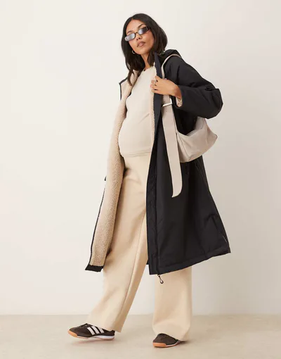 ASOS longline fleece lined rain coat in black