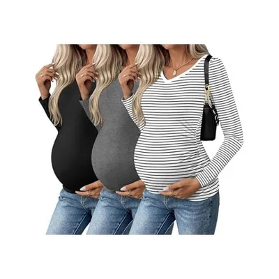 Target Ekouaer Womens Maternity Shirts Long Sleeve 3 Packs Pregnancy V-Neck Clothes Side Ruched Blouse Tops for Mama Black/Dark Grey/White Stripe XL