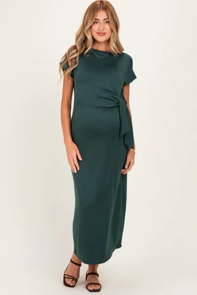 PinkBlush Forest Green Side Tie Short Sleeve Maternity Midi Dress
