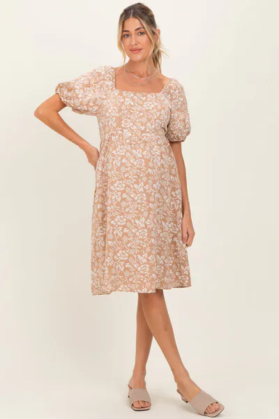 PinkBlush Taupe Floral Jacquard Square Neck Maternity Dress