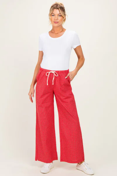 PinkBlush Red Plaid Drawstring Maternity Lounge Pants