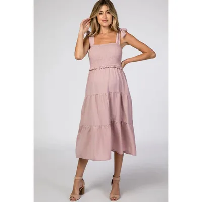 Target Pinkblush Mauve Bow Strap Tiered Maternity Midi Dress Small