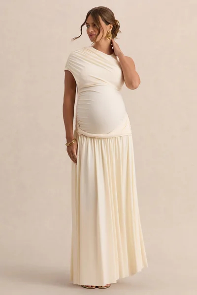 Club L London Naida | Cream Round-Neck Maternity Maxi Dress With Draped Detailing
