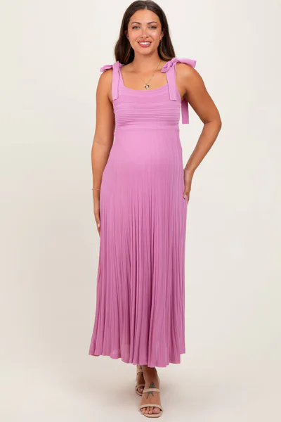 PinkBlush Mauve Textured Knit Shoulder Tie Maternity Midi Dress