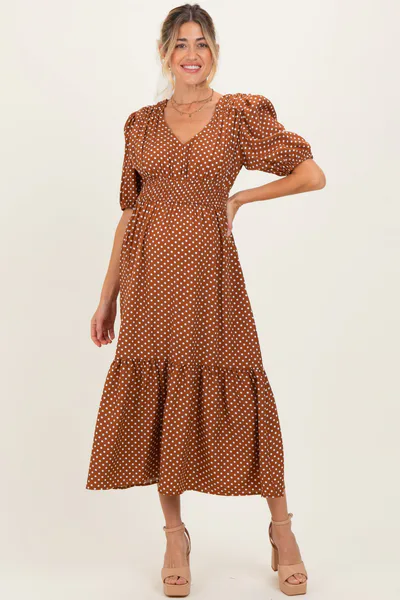 PinkBlush Coffee Polka Dots V Neck Flowy Maternity Dress