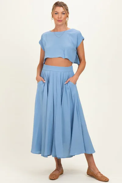PinkBlush French Blue Crop Top Midi Skirt Maternity Set
