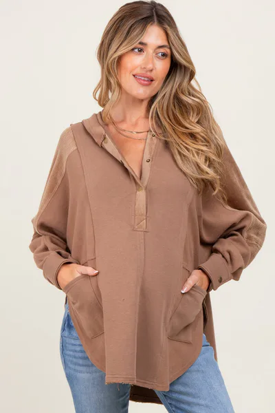 PinkBlush Mocha Corduroy Contrast Oversized Maternity Hoodie