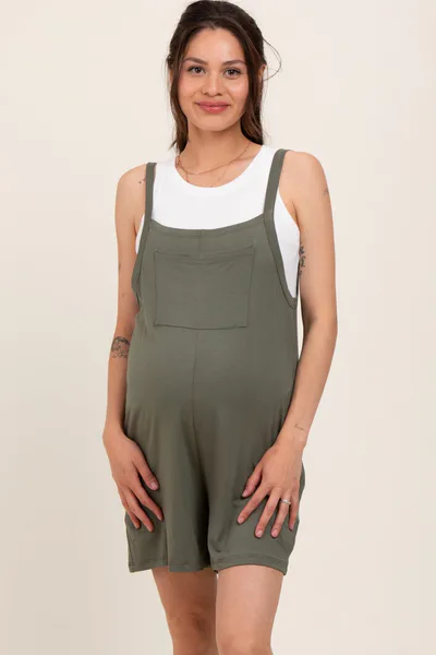 PinkBlush Green Olive Front Pocket Overall Knit Maternity Romper
